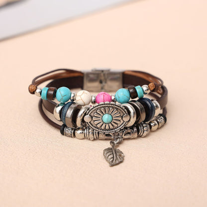 Bohemian ethnic style, retro Indian tribal style, leaf turquoise, stainless steel leather bracelet
