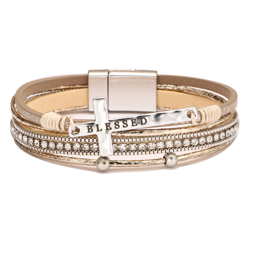 Cross bracelet with slightly set diamond magnetic clasp