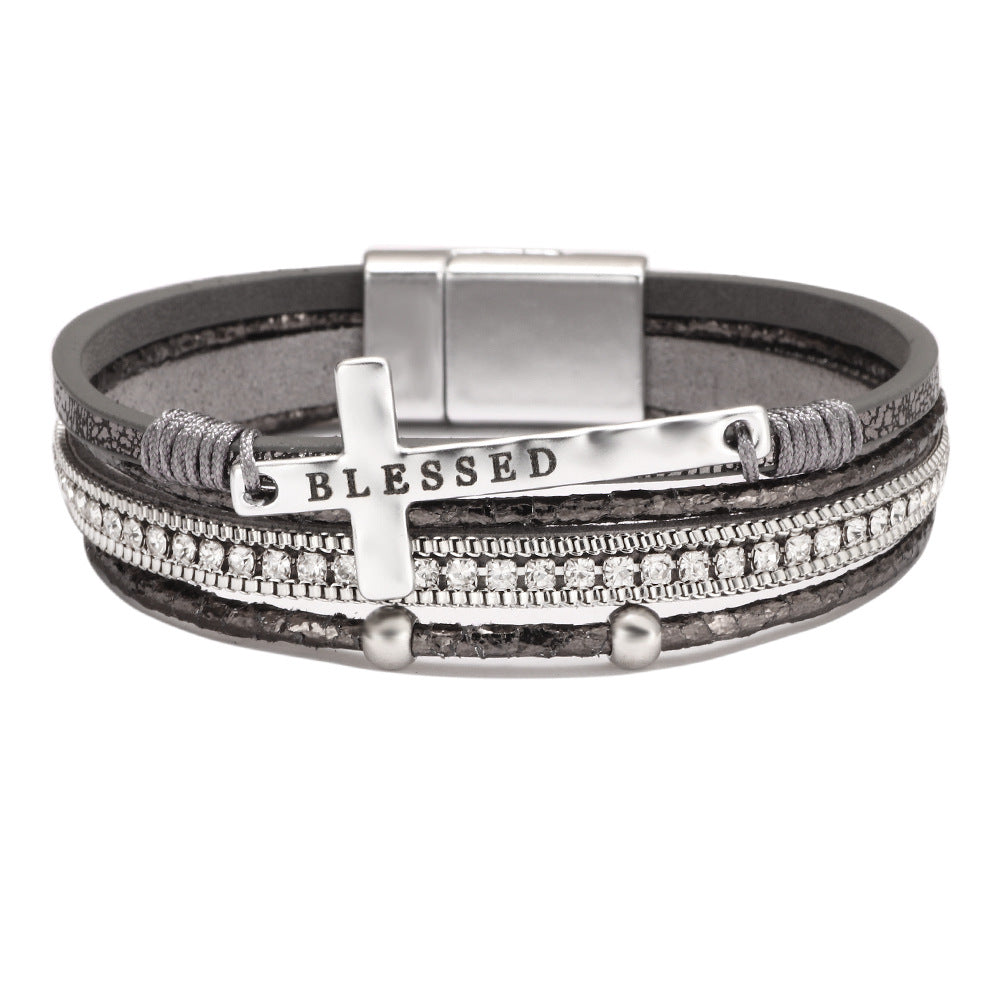 Cross bracelet with slightly set diamond magnetic clasp