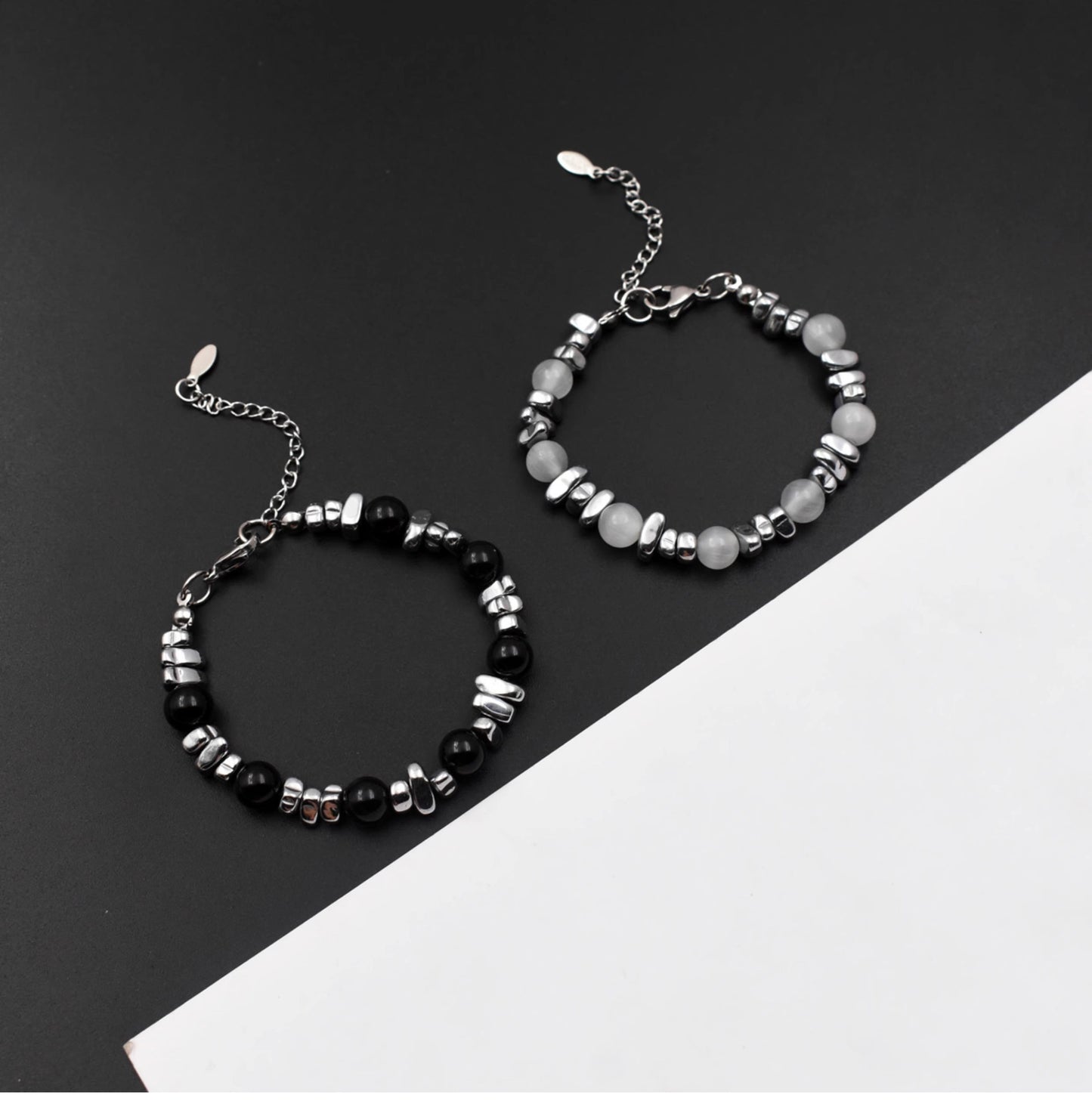 Silver beaded cat's eye stone spliced bracelet