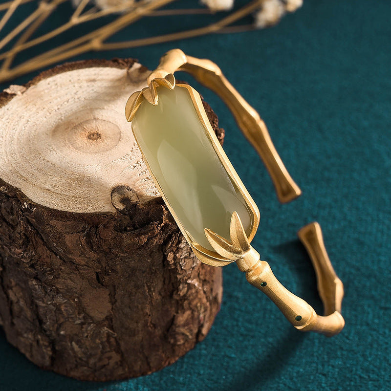 Ancient-style gilded and inlaid bracelet imitating Hetian jade with bamboo leaf green and segmented height