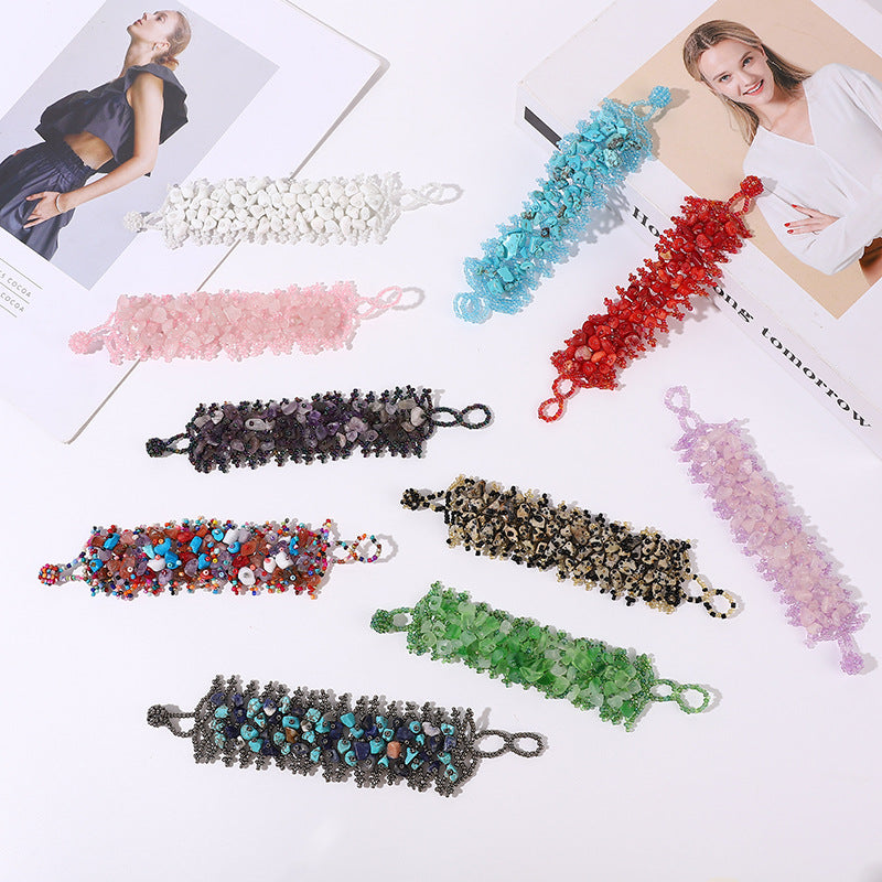 Handmade crushed stone beaded Bohemian hollowed-out rice bead crushed stone bracelet