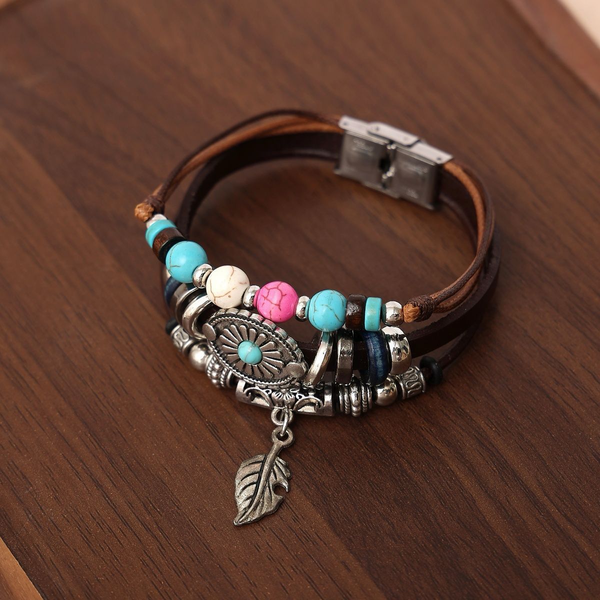 Bohemian ethnic style, retro Indian tribal style, leaf turquoise, stainless steel leather bracelet