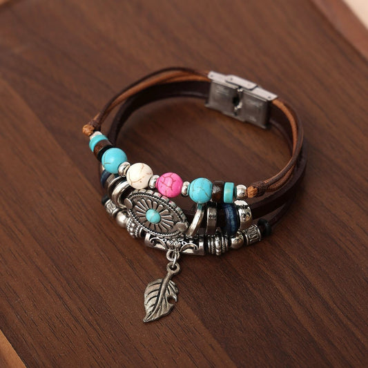 Bohemian ethnic style, retro Indian tribal style, leaf turquoise, stainless steel leather bracelet