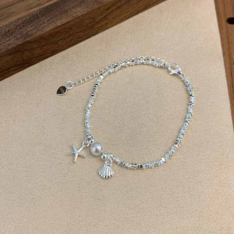 Starfish shell fragments silver pearl bracelet