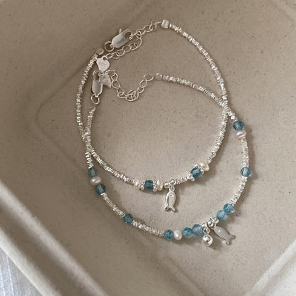 S925 Pure Silver blue crystal Small Fish freshwater Pearl Broken silver bracelet