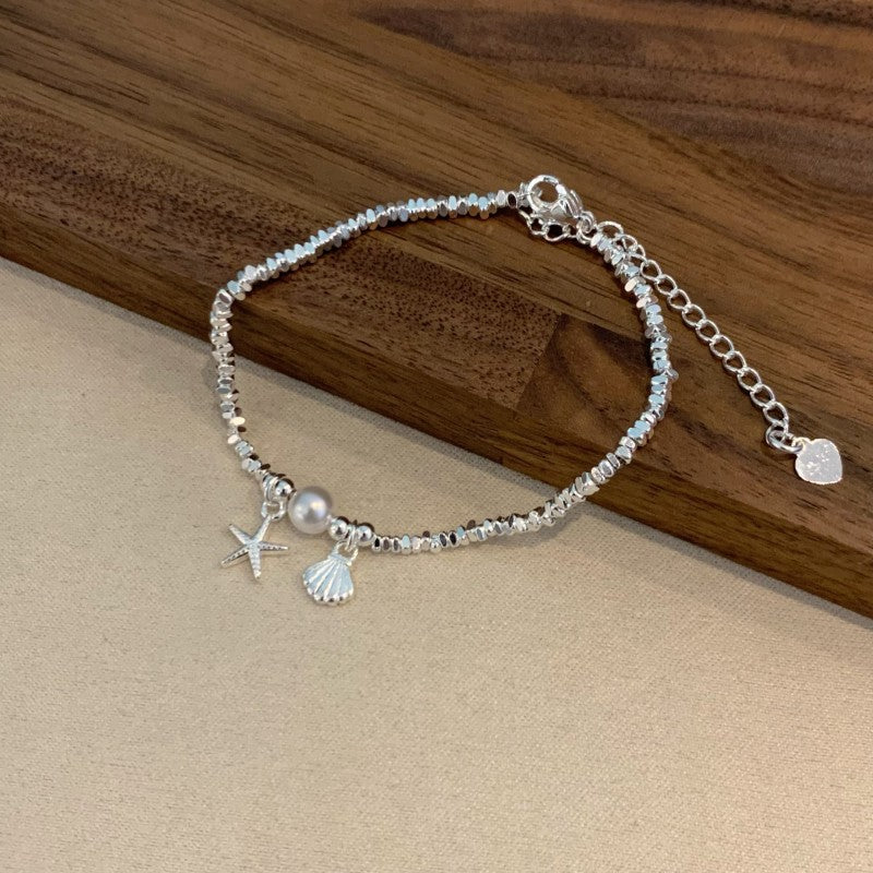 Starfish shell fragments silver pearl bracelet
