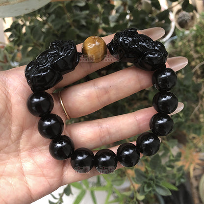 Natural black gold obsidian double PI Xiu bracelet with yellow tiger's eye beads