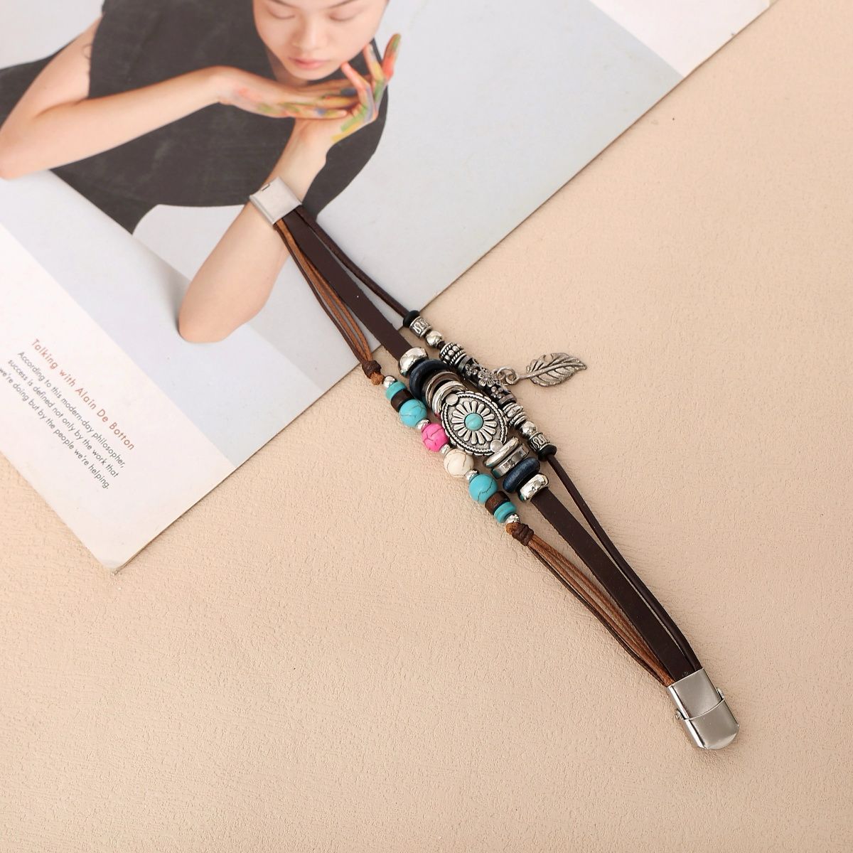 Bohemian ethnic style, retro Indian tribal style, leaf turquoise, stainless steel leather bracelet
