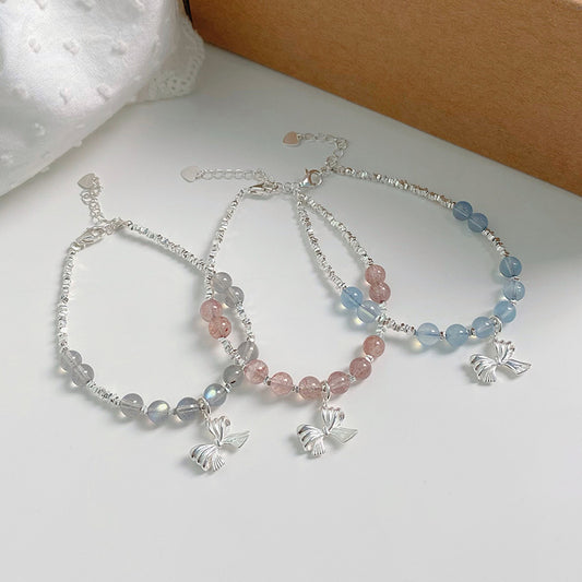 S925 sterling silver Niche design Bow Strawberry Crystal/Aquamarine Grey Moonlight bracelet