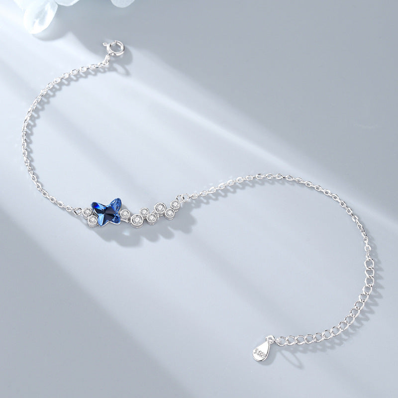 Butterfly Dance Bracelet for Women S925 Pure Silver Blue Butterfly Crystal