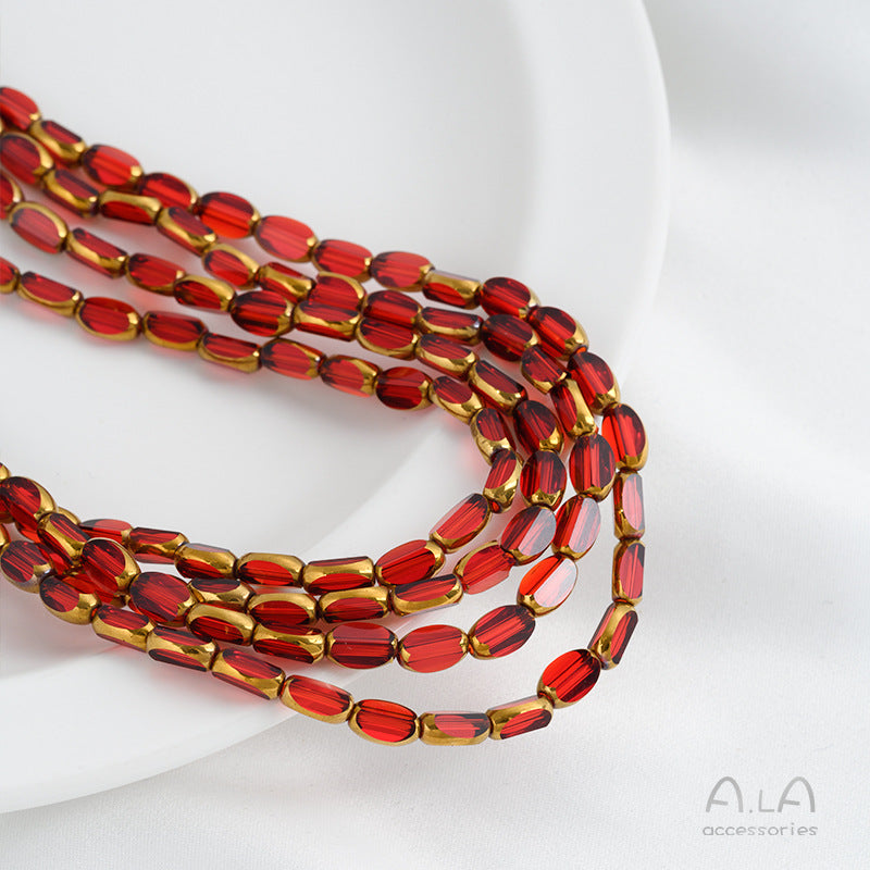 DIY loose bead handcrafted bracelet with transparent crystal glass surface and golden edge oval rice grain beads