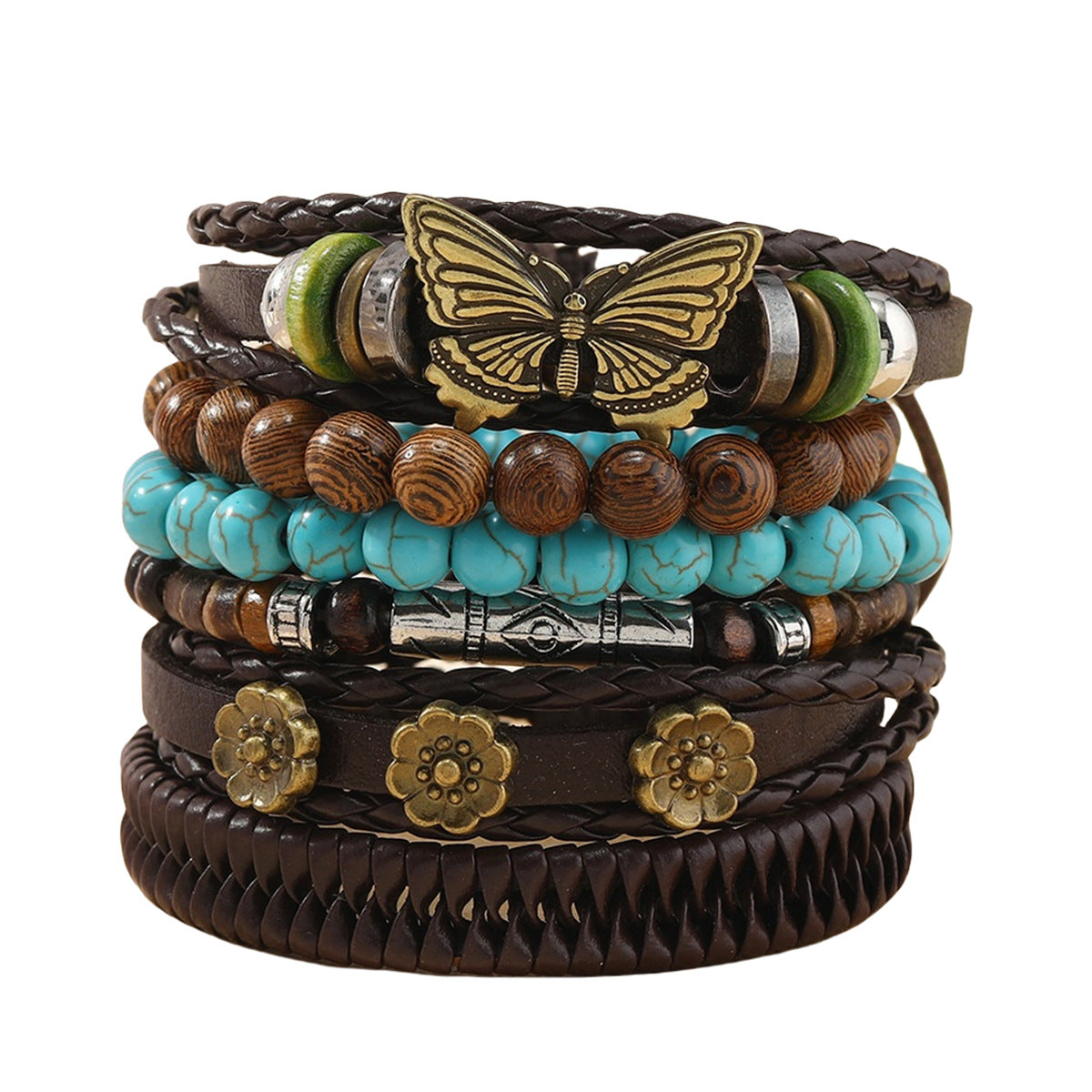 Butterfly, plum blossom, turquoise and chicken wing wood hand-woven personalized bracelet