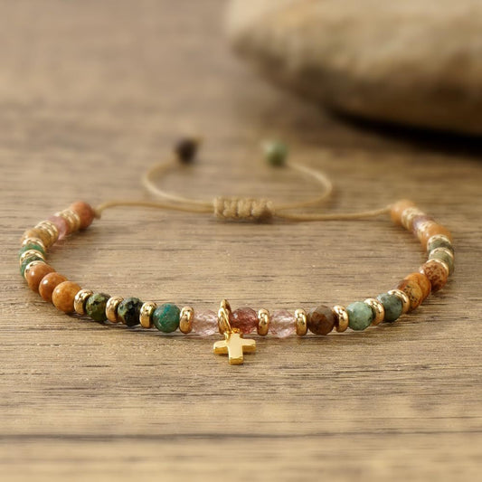Hand-woven natural stone cross bracelet