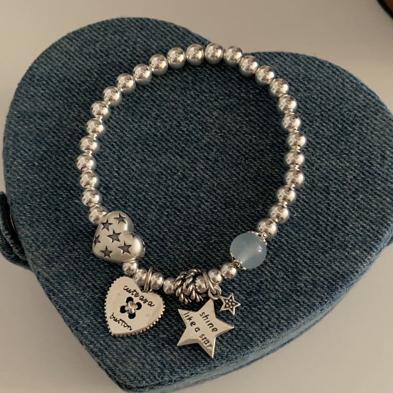 s925 sterling silver retro beaded heart star bracelet