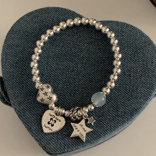 s925 sterling silver retro beaded heart star bracelet