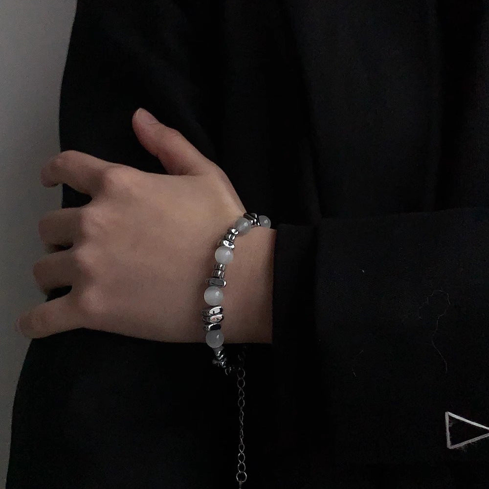 Silver beaded cat's eye stone spliced bracelet