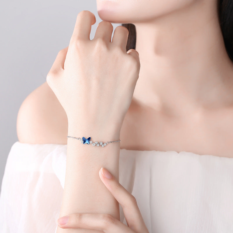 Butterfly Dance Bracelet for Women S925 Pure Silver Blue Butterfly Crystal