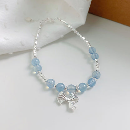 S925 sterling silver Niche design Bow Strawberry Crystal/Aquamarine Grey Moonlight bracelet