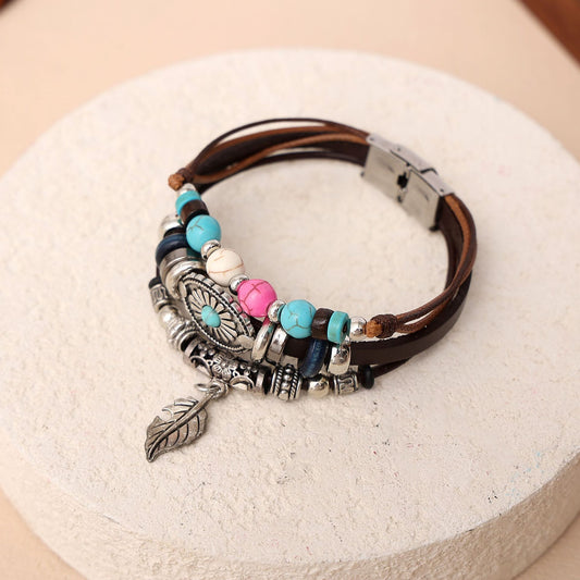 Bohemian ethnic style, retro Indian tribal style, leaf turquoise, stainless steel leather bracelet