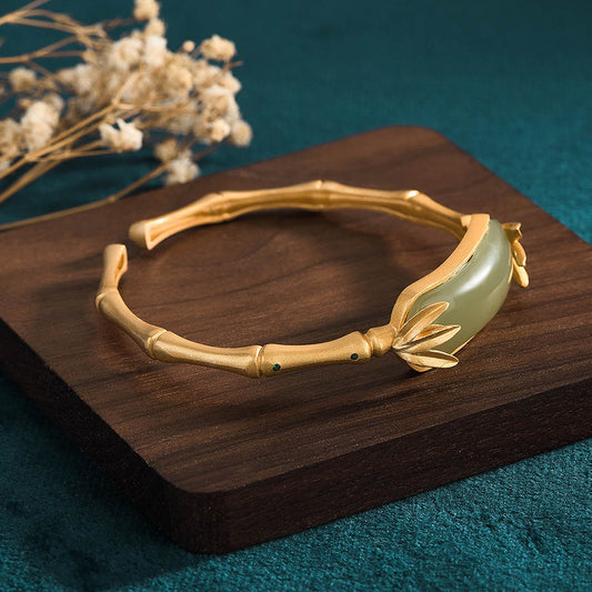 Ancient-style gilded and inlaid bracelet imitating Hetian jade with bamboo leaf green and segmented height