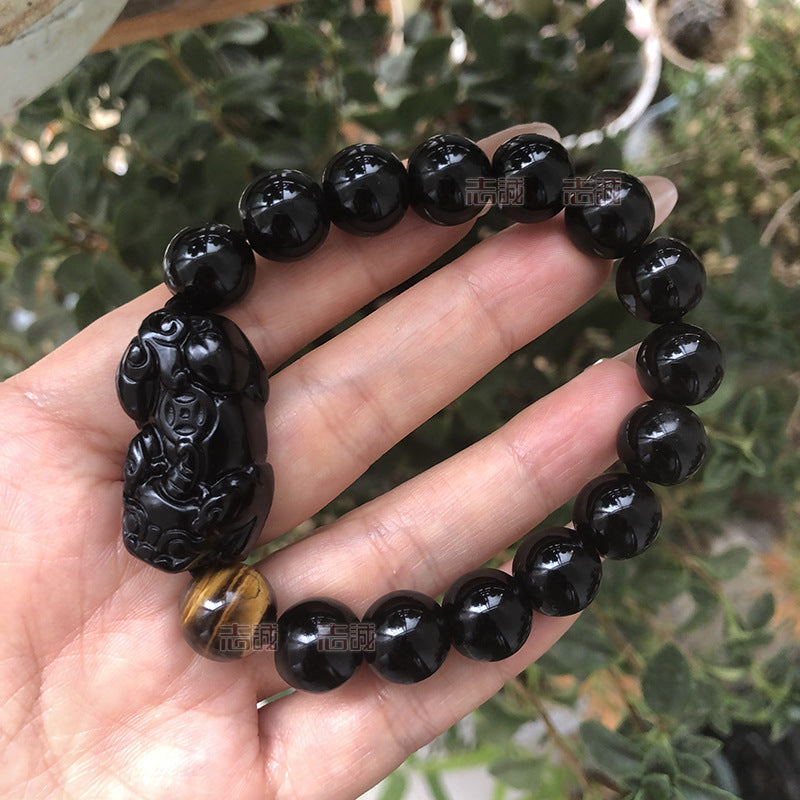 Natural black gold obsidian double PI Xiu bracelet with yellow tiger's eye beads