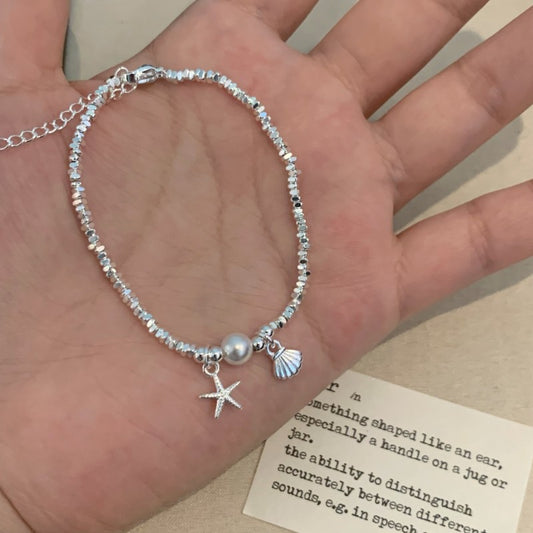 Starfish shell fragments silver pearl bracelet