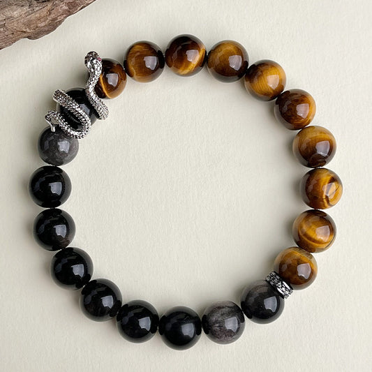 Natural tiger's eye stone zodiac year obsidian Buddhist prayer bead bracelet