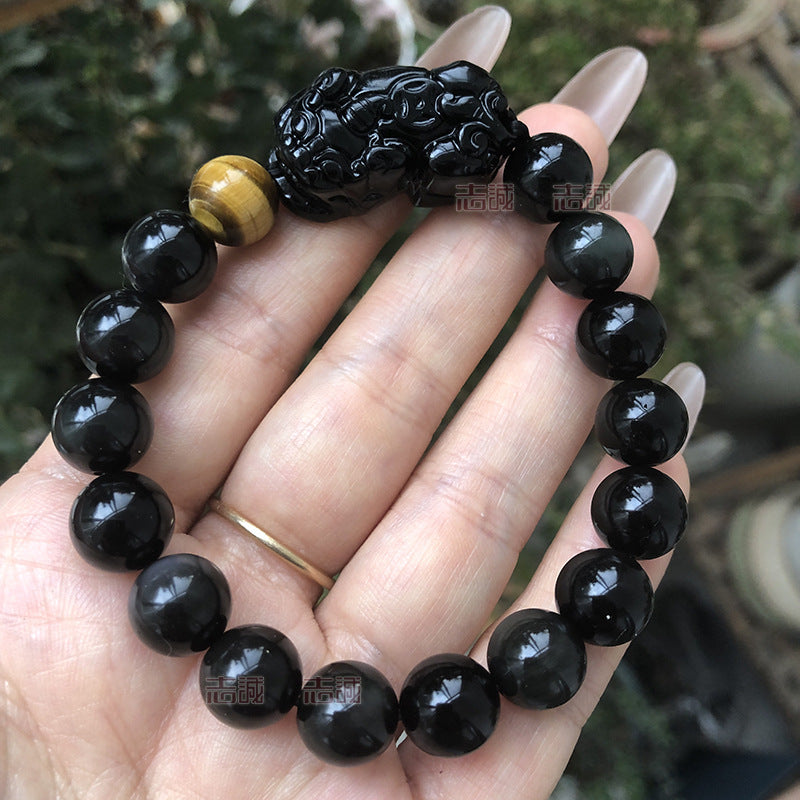 Natural black gold obsidian double PI Xiu bracelet with yellow tiger's eye beads