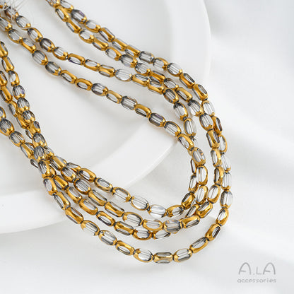DIY loose bead handcrafted bracelet with transparent crystal glass surface and golden edge oval rice grain beads