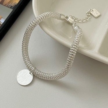 S925 sterling silver mid-style brushed round plate round woven bracelet
